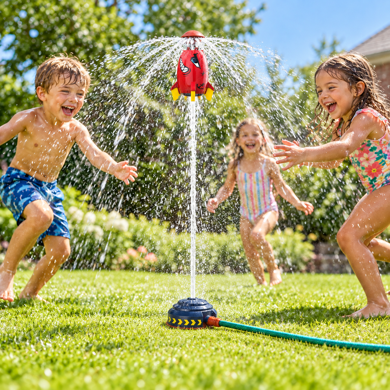 Foguete Aquático Infantil com Base de Lançamento — crianças brincando no jardim